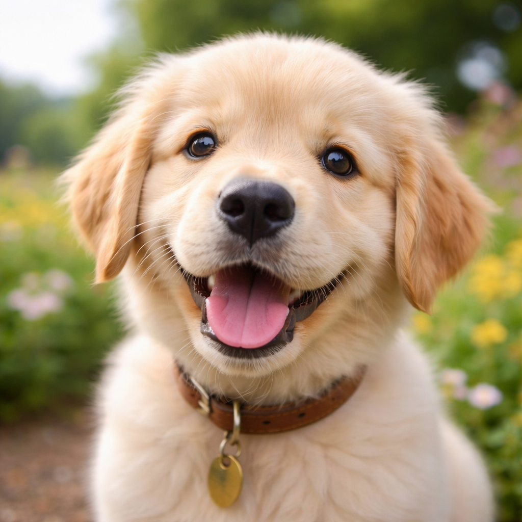 Cucciolo golden retriever sorridente nel parco